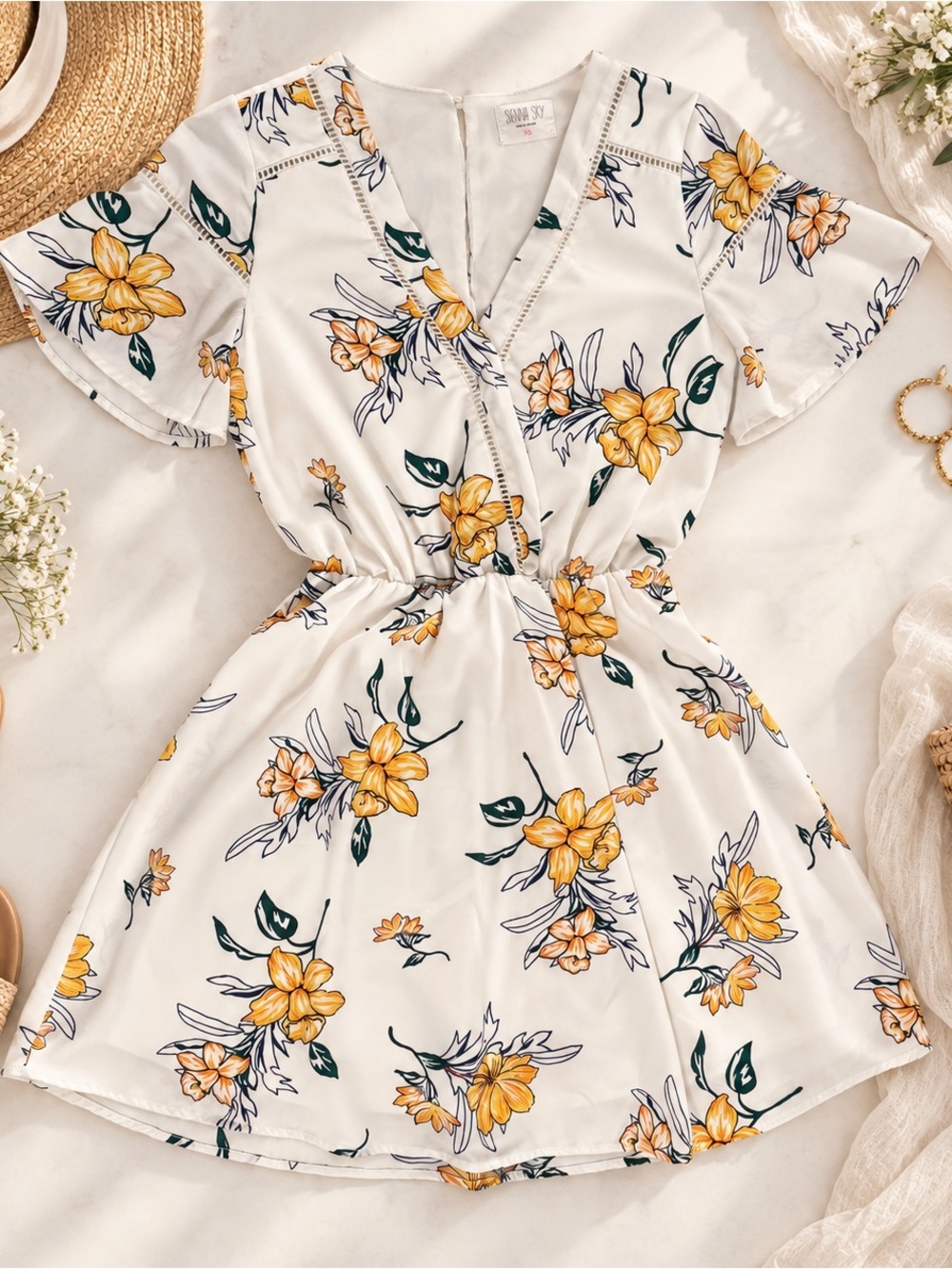 Sienna Sky XS Ivory Floral Wrap Style Dress Yellow Green Boho Summer